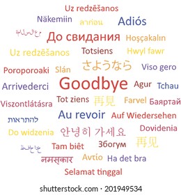 Goodbye in different languages, words collage vector illustration.