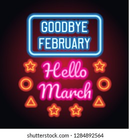 goodbye february hello march spring text sign with frame, vector illustration
