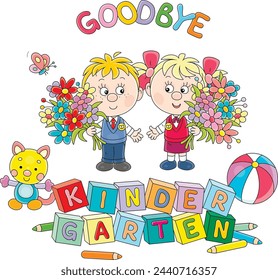 Goodbye kindergarten card with a happy little boy and girl graduates with colorful flowers going from nursery school to first grade for start of classes, vector cartoon illustration on white