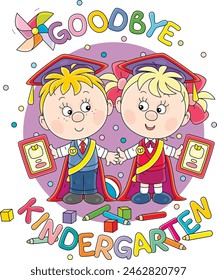 Goodbye kindergarten card with a happy little boy and girl graduates with academic caps, ribbons and diplomas going from nursery school to first grade for start of classes, vector cartoon illustration