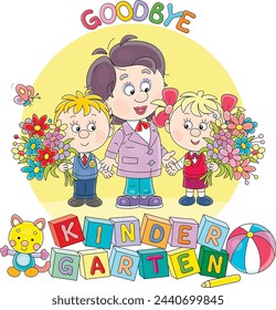 Goodbye kindergarten card with a happy nursery teacher and funny little boy and girl graduates with colorful flowers at graduation ceremony, vector cartoon illustration