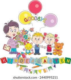 Goodbye kindergarten card with a happy nursery teacher with beautiful flowers and little boy and girl graduates at graduation ceremony with colorful balloons, vector cartoon illustration