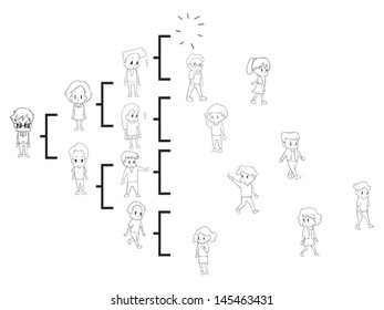 Goodbye MLM. The multi level marketing referral network is breaking off and people quit the business by many causes. (cartoon vector in black and white silhouette ) 