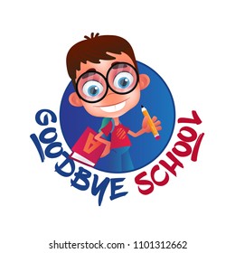 Goodbye School vector illustration isolated on white background. Funny geek or nerdy boy with big glasses and alphabet book holding a pencil. Can be used on print t-shirt, cbag, poster or web design