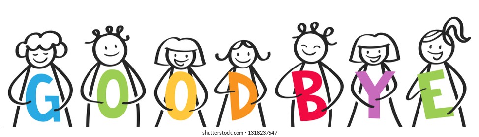 GOODBYE, Smiling Group Of Stick Figures Holding Colorful Letters, Saying Farewell, Isolated On White Background