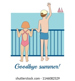 Goodbye summer! A boy and a girl are looking at a yacht in the sea. Vector illustration.