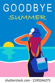 Goodbye summer colourful poster. Woman standing at the seaside and looking at sunset. Trendy lifestyle postcard with lettering.  