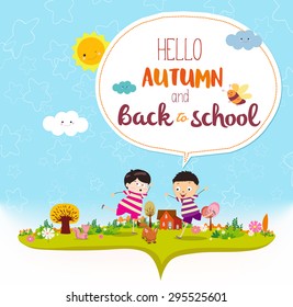 Goodbye summer. Hello autumn funny and happy smiling kids