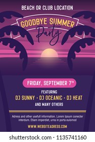 Goodbye summer Party vector template illustration design. Easily editable with your text. Poster, banners, flyers, covers to advertise your event. Summer, vacations, holidays, nightlife. 