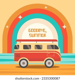 Goodbye summer retro illustration. Groovy summer, vintage bus