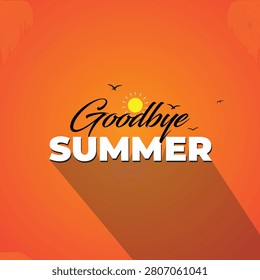 Adiós Guión de Verano y Ilustración vectorial de Tipografía Audaz con Sombra Larga, Sol y Siluetas de Pájaros sobre Fondo Naranja