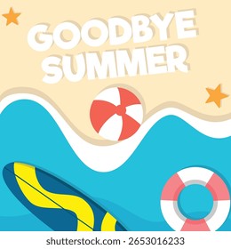 Goodbye Summer Text Title Poster Design on the background of beach holiday objects. Vector illustration