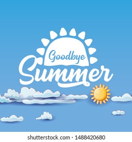 goodbye summer vector concept background with paper clouds and sun in blue sky