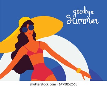 goodbye summer, vector concept illustration with with a beautiful girl in the pool