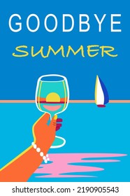 Goodbye summer vertical illustration with female hand holding a glass of champagne against sunset. End of summer poster or postcard concept. Seascape in blue and ultraviolet colouring. 