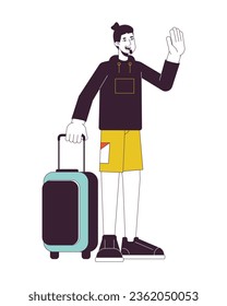 Goodbye waving man holding suitcase flat line color vector character. Editable outline full body person on white. Hello male luggage carrying simple cartoon spot illustration for web graphic design