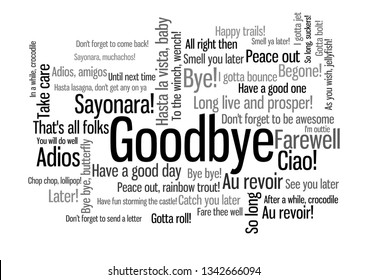 Goodbye Word Tag Cloud, shows words and phrases how to express feelings when say farewell, vector ESP10