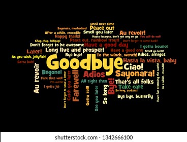 Goodbye Word Tag Cloud, shows words and phrases how to express feelings when say farewell, vector ESP10