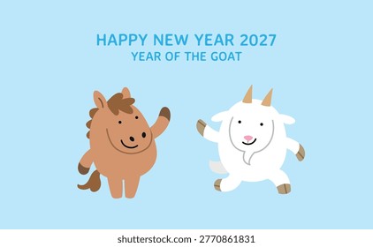 Goodbye Year of the Horse Hello New Year of the Goat. Cute zodiac horse and zodiac goat in a cartoon style for horizontal greetings card template.
