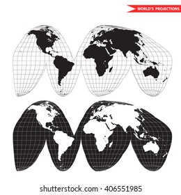 Goode homolosine projection. Orange peel world map on white background. Interrupted earth globe.