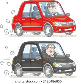 Gute und ruhige junge Fahrer und wütende, aggressive alte Fahrer in ihren Autos eine Straße entlang fahren, Vektor-Cartoon-Illustrationen isoliert auf weiß