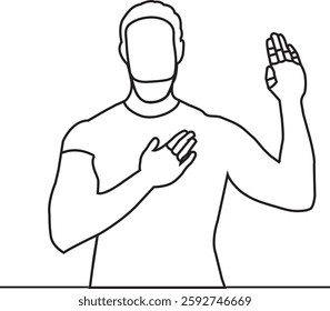   good-looking Asian worker making promise pledge or give oath, raise one hand and put palm on hear as being honest and sincere. Line art style