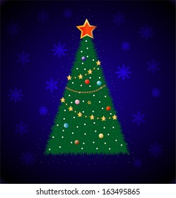 good-looking festive fir-tree on a blue background, vector illustration