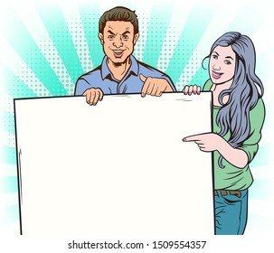 Good-looking man and woman pointing at the whiteboard. Pop art retro vector illustration vintage kitsch
