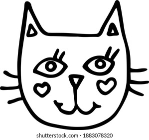 Good-natured big-eyed kitty. Vector black and white linear drawing in cartoon style for children.