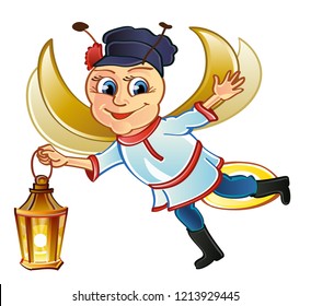 Good-natured Russian firefly in flight. Open arms. Russian folklore. 