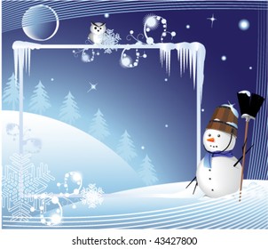 Good-natured snow man. Winter vector frame