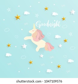 Goodnight with cute unicorn and cloud, star in the sky with blue background paper art style vector illustration.