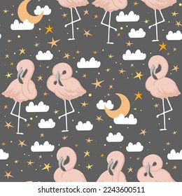 Goodnight flamingo, seamless vector pattern with baby nursery theme hand drawn illustrations