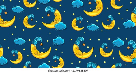 Goodnight Seamless Background. Fairytale Plot Of Wallpaper With A Seamless Pattern A Children's Bedroom. The Cute Moon Sleeps Sweetly In The Night Sky. Vector Illustration