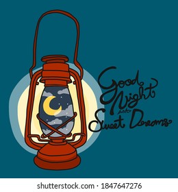 Goodnight and sweet dreams vintage lamp with moon and cloud inside cartoon vector illustration