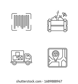 Goods availability and quality control pixel perfect linear icons set. Product barcode identification. Customizable thin line contour symbols. Isolated vector outline illustrations. Editable stroke