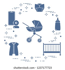 Goods for babies. Stroller, crib, baby monitor, bottle, waterproof panties, overalls.
