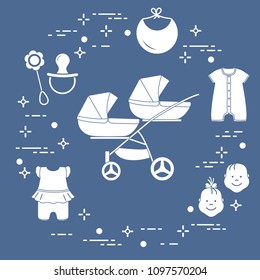 Goods for babies. Stroller for twins, faces boy, girl, rattle, pacifier, bib, overalls.
