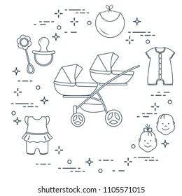 Goods for babies. Stroller for twins, faces boy, girl, rattle, pacifier, bib, overalls.