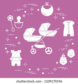 Goods for babies. Stroller for twins, faces boy, girl, rattle, pacifier, bib, overalls.