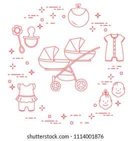Goods for babies. Stroller for twins, faces boy, girl, rattle, pacifier, bib, overalls.
