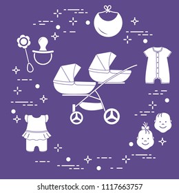 Goods for babies. Stroller for twins, faces boy, girl, rattle, pacifier, bib, overalls.
