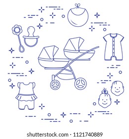 Goods for babies. Stroller for twins, faces boy, girl, rattle, pacifier, bib, overalls.