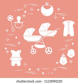 Goods for babies. Stroller for twins, faces boy, girl, rattle, pacifier, bib, overalls.