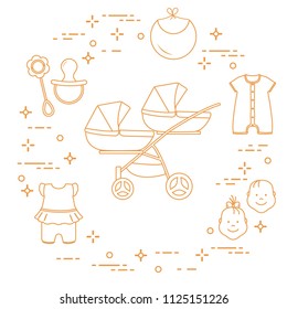 Goods for babies. Stroller for twins, faces boy, girl, rattle, pacifier, bib, overalls.