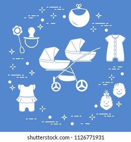 Goods for babies. Stroller for twins, faces boy, girl, rattle, pacifier, bib, overalls.