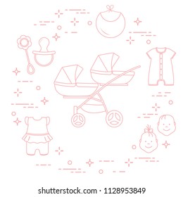 Goods for babies. Stroller for twins, faces boy, girl, rattle, pacifier, bib, overalls.