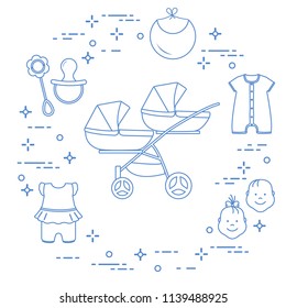 Goods for babies. Stroller for twins, faces boy, girl, rattle, pacifier, bib, overalls.