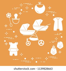 Goods for babies. Stroller for twins, faces boy, girl, rattle, pacifier, bib, overalls.