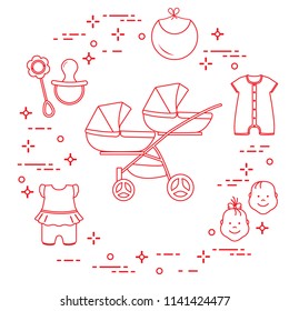 Goods For Babies. Stroller For Twins, Faces Boy, Girl, Rattle, Pacifier, Bib, Overalls.